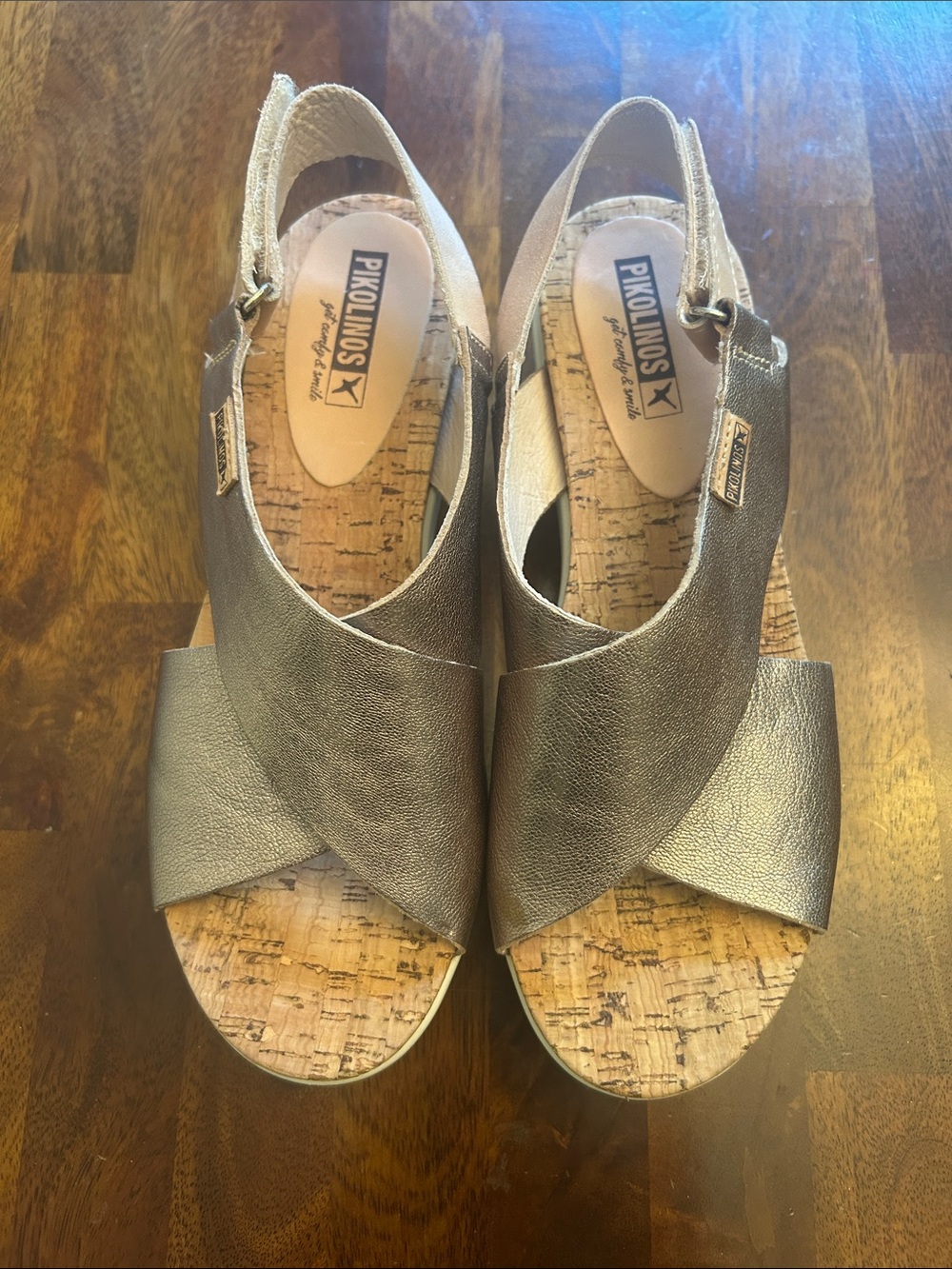 PIKOLINOS Metallic Pewter Cork Wedge Slingback Sandals